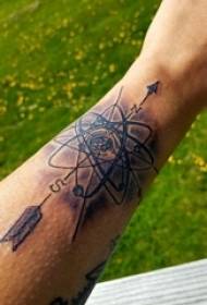 Boys arm on black pricking atom simple line atom and sword tattoo picture
