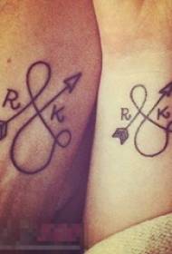 Couple arm on black line creative arrow and floral English tattoo picture