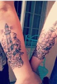 Couple arms on black gray thorns simple abstract lines spray and lighthouse tattoo pictures