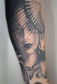 Tattoo, japanese geisha picture, male character, black and gray character, geisha tattoo picture