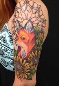 Schoolgirl arm painted on gradient geometric simple line plant sunflower and fox tattoo picture