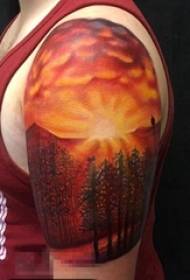 School boy with painted abstract lines tree and sunset landscape tattoo picture