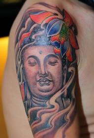 Statua di Buddha a grande braccio con motivo a tatuaggio dipinto di loto