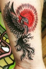 Schoolboy arm on black sketch phoenix and red sun tattoo pattern