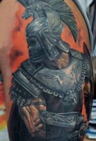 Zēna roka uz krāsotas ziedu rokas personības karavīra personāža portreta tetovējuma attēla