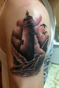 Tattoo lighthouse txiv neej kawm ntawv caj npab ntawm dub grey tattoo lighthouse duab