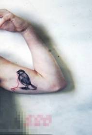 Schoolboy arm on black line sketch small animal bird tattoo picture