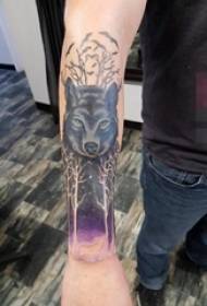 Boy's arm painted on a wolf tattoo picture
