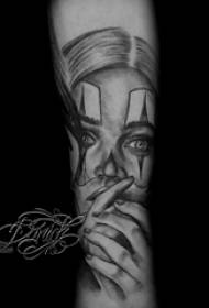 Girl's arm on black gray sketch sting trick girl portrait tattoo picture