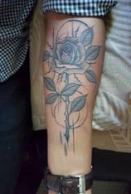 Boys Arms on Black Gray Sketch Sting Tips Geometric Lines Plant Rose Tattoo Picture