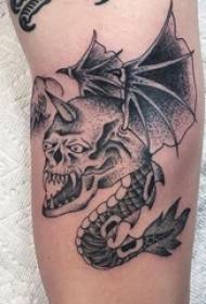 Boy's arm on black gray sketch point thorn skill creative skull flying dragon tattoo picture