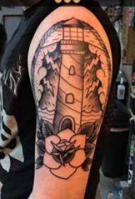 Boy's arm on black gray pricking technique literary lighthouse tattoo picture