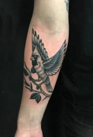 Boy's arm on black gray sketch point thorn technique literary bird tattoo picture