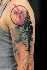 Rapazes braço pintado linhas geométricas de tinta grande árvore fotos de tatuagem