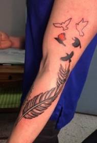 Boy's arm on black gray sketch point thorn skill literary feather tattoo picture