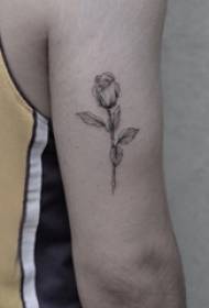 Boy's arm on black point thorn simple line art small fresh plant flower tattoo picture