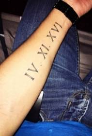 Boy's arm on black pricked simple line English alphabet tattoo picture