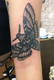 Girl's arm on black point thorn simple line skull type butterfly tattoo picture