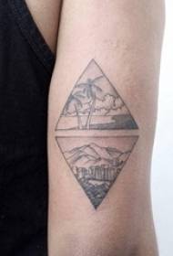 Schoolboy Arms on Black Dots Geometric Simple Lines Coconut Tree and Architectural Landscape Tattoo Picture