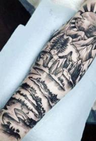 Schoolboy arm on black point thorns simple abstract lines sun and landscape scenery tattoo pictures