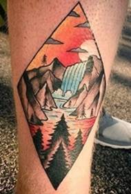tattoo on the calf in the traditional style diamond landscape