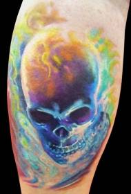 Leg color burning skull tattoo picture