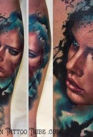 Leg new school style color woman portrait tattoo