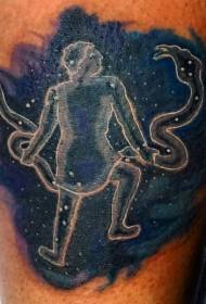 Funny painted man and snake tattoo pattern on the legs