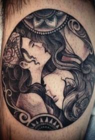 Leg old style style round woman portrait tattoo picture