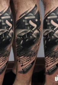 Black real gray gramophone tattoo in leg style