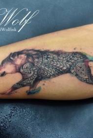Leg color wolf with Polynesian decorative style tattoo