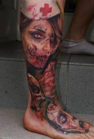 Zeer realistische kleur zombie verpleegster-tatoeage op het been