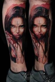 Creepy color bloody woman tattoo on leg