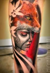 leg Color woman with fox helmet tattoo pattern