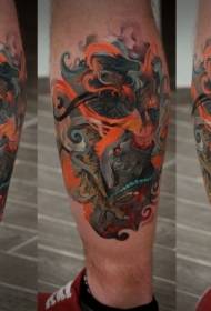 Leg color illustration style color demon leopard tattoo