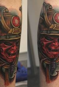 Leg new japanese color warrior mask tattoo picture