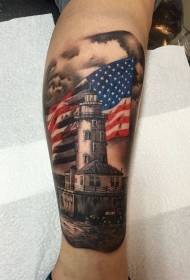 Leg new school style color realistic big lighthouse tattoo