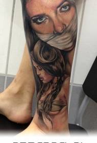 Leg color woman tied mouth portrait tattoo pattern