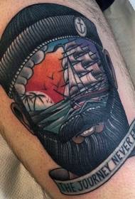 腿部彩色无船水手画像纹身图案
