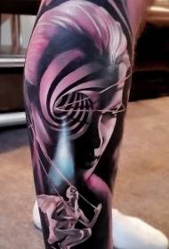 Leg color amazing woman with hypnotic decorative tattoo