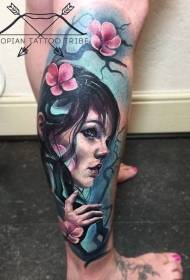 Leg new style colorful woman with flower tattoo pattern