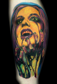 Leg old comic style colorful bloody vampire portrait tattoo