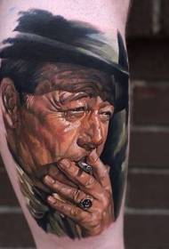 Leg color smoking old man portrait tattoo pattern