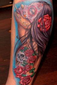Leg color mexican style smoking woman tattoo