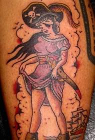 Color këmbë me stil të vjetër dorën e tërhequr tatuazh i thjeshtë me grua pirate