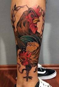 Leg color cock fighting tattoo pattern