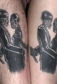 Padrão de tatuagem de casal esqueleto caveira preta perna