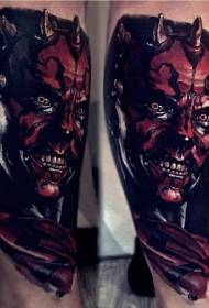 Amazingly realistic devil portrait tattoo picture of the leg