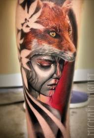 leg color realistic tribal women with fox mask tattoo