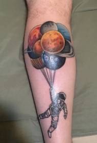 European calf tattoo male shank on colored balloons and Astronaut tattoo picture